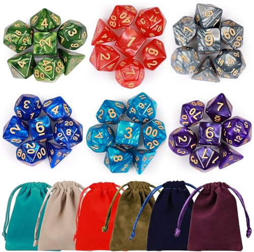 DND Dice Set, 6 x 7(42 Piece) Polyhedral Dice Set With 6 Drawstring Pockets