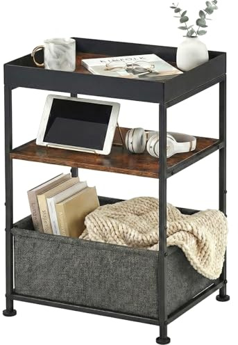 ZEXVIDA Rustic Bedside Table with Fabric Drawer, Industrial 3 Tier Side Table with Tray Top & Storage Shelf, Slim Vintage Nightstand for Bedroom, Living Room, Student Uni, Metal Frame, Wood Look