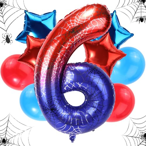 Geburtstagsballon-Set Spinnen, 120cm Großes Riesiges Folienspinnennetz & 4stk Stern- & 4stk Runde Rot-Blaue Ballons Dekorationen Gastgeschenke für Geburtstags-Cartoon-Mottopartys(Zahl 6)