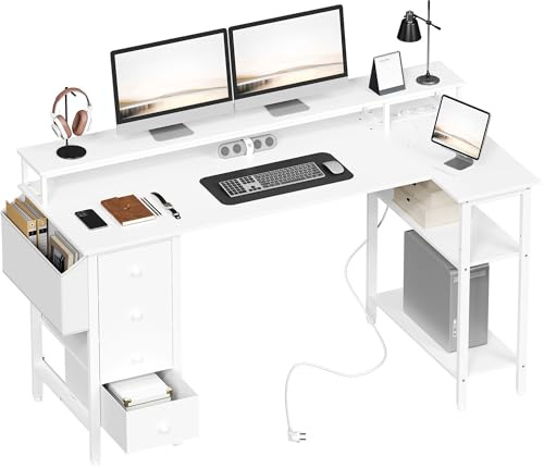 Yaheetech Scrivania Angolare con Cassetti, 140×68 cm, Scrivania ad Angolo Reversibile con Prese di Corrente e Porta USB, Scrivania Salvaspazio a L con Scaffali Portaoggetti Tavolo, Bianco