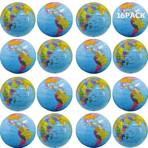 PUETUNG 16 Pack Inflatable Beach Balls Bulk Jumbo 16 World Globe Pool Toys Balls for Pool, Party Summer - Swimming Game Water Toys Kid Party Favor Luau Decorations Blow Up Beach Ball
