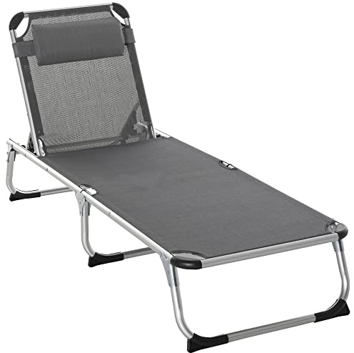 Outsunny Lettino Prendisole Pieghevole con Schienale Reclinabile su 4 Livelli, Sdraio da Giardino con Poggiatesta, in Alluminio e Texteline, per Spiaggia Piscina Giardino, 60x165x76 cm, Grigio