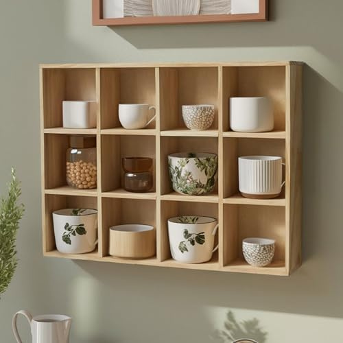 Xalteafe Espositore per Tazze Parete Legno,Mobile Porta Tazze da Parete,Porta Tazze da tè in Legno Massello,Design Stabile,Grande capacità,per Tazze da tè/Bicchierini da caffè/Bicchieri