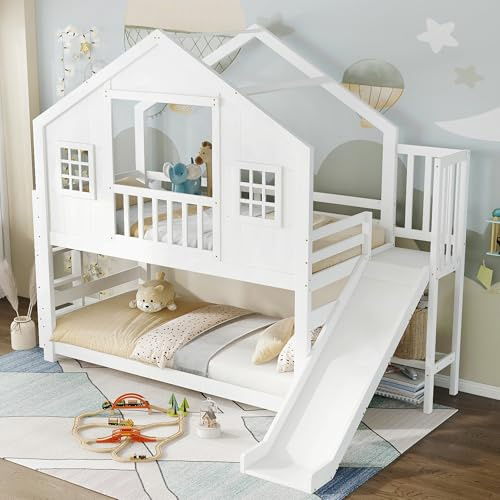 Kebnor Letto a castello con scivolo per bambini, letto per bambini, squisito design per finestre e tetto, stabile rete a doghe e gradini, pino + MDF + compensato, bianco, 90 x 200 cm