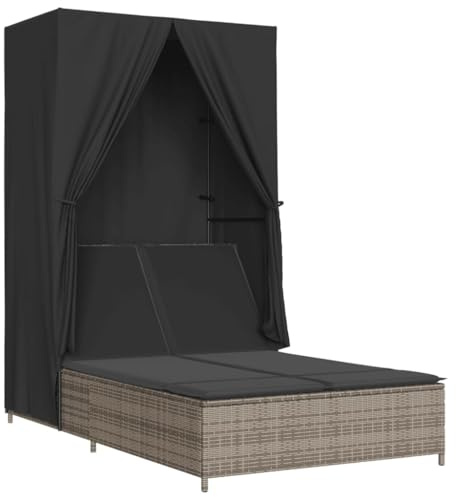 KGHFDVB PE Rattan Doppelliege mit Dach und Vorhängen, graue Poly Rattan Sonnenliege mit 4-Fach Verstellbarer Rückenlehne, dick gepolsterte Kissen mit abnehmbarem und waschbarem Bezug