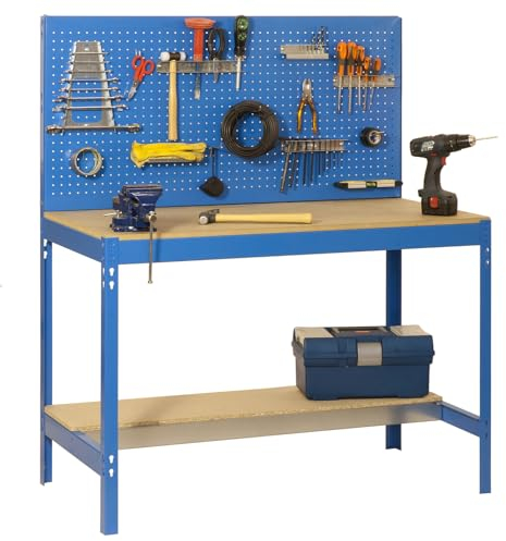 Simon Rack Banco da lavoro per officina, capacità di carico 400 kg, 1445x910x610 mm, Pannello Forato, Tavolo da lavoro fai da te, Blu/Legno - BT2