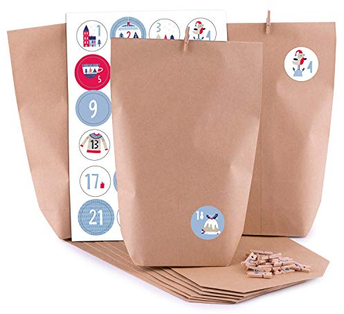 pajoma® Adventskalender zum Befüllen Sweet Home – 24 Kraftpapiertüten braun mit Zahlenaufklebern & Holzklammern – DIY Weihnachtskalender Bastelset Geschenktüten Weihnachten