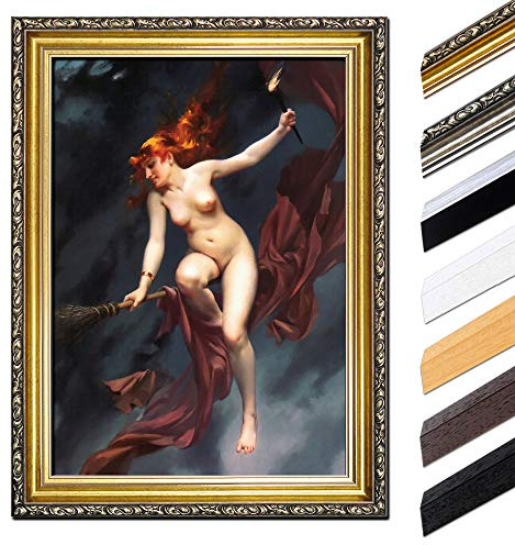 Bilderdepot24 Bild mit Rahmen - Luis Ricardo Falero Der Hexensabbat 60x80 cm - Gerahmtes Leinwandbild Alte Meister - Antiker Rahmen Gold Barock, Klassisch