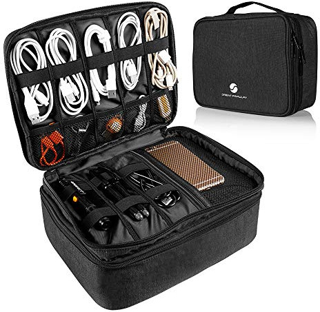 ORIENT FAMULAY Reise-Elektronik-Organizer, wasserdichte Kabel-Organizer-Tasche für elektronisches Zubehör, doppellagig, groß, stoßfest, Powerbank, Tablet (bis zu iPad 11 Zoll) – Schwarz