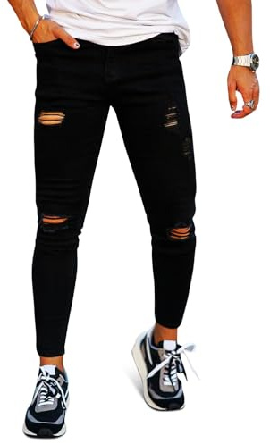 GINGTTO Pantaloni Uomo Jeans Skinny Slim Fit Stretch Design Denim Dritti Strappati Nero 32W/30L