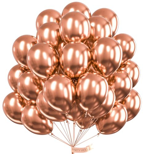 PartyWoo Rose Gold Balloons 51pcs 12 Inch Metallic Chrome Rose Gold Balloons for Wedding Sweet 16 Baby Shower Bridal Shower Bridgerton Floral Girl Birthday Party Decorations Rose Gold-G107
