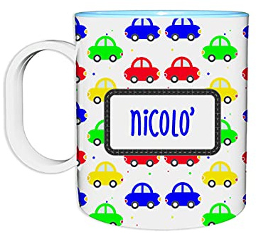 Fupies Tazza in plastica personalizzata con nome con macchinine, Azzurro