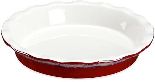 LOVECASA Crinkle Rim Pie Dish, Porcelain Lasagna Dishes,Pie Tart & Quiche Pans, Dishwasher, Oven, Microwave and Freezer Safe, 1200 ML / 42 OZ, Red Grey