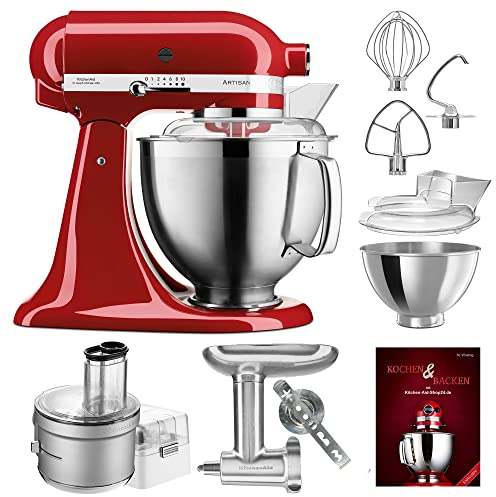 KitchenAid Küchenmaschine Artisan - P24 Food Processor Set Spezial 185er (M) - 5KSM185PSEER inkl. Food Processor Vorsatz (5KSM2FPA), Fleischwolf Ganzmetall (5KSMMGA) und Kochbuch (Kochen & Backen)