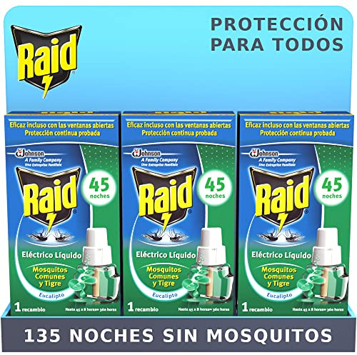 Raid ® Lot de 3 recharges électriques liquides Eucalyptus 45 nuits - Chargeur pour appareil prise anti-moustiques communs et tigre, 135 nuits de protection
