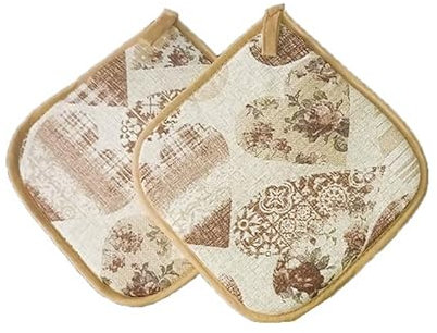 Russo Tessuti Set Coppia 2 Presine Cucina Forno Cuore Shabby Fiori Corazon Rosso Beige Grigio-Beige