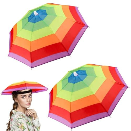 2 Stück Regenschirmhut für Erwachsene Kopf Regenschirm mit elastischem Band Angelschirm Hut für Erwachsene Kinder Faltschirm Hut für Outdoor Golf Camping Gartenarbeit Festival, regenbogenfarben, Small