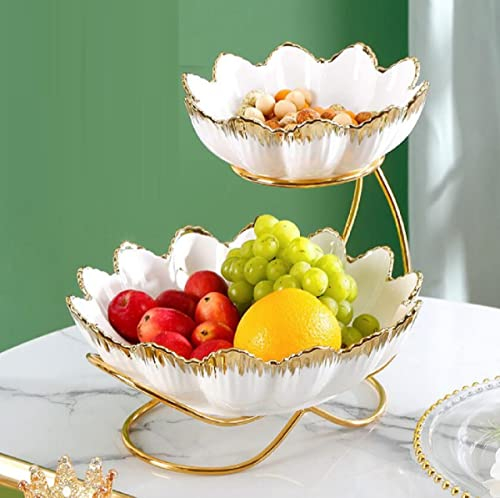 JUNYFFF Frutero De 2 Pisos,Frutero De Cerámica, Cesta De Frutas De Cerámica, con Soporte Metálico, Cocina Mostrador Y Organizador para Verduras Y Frutas,Blanco
