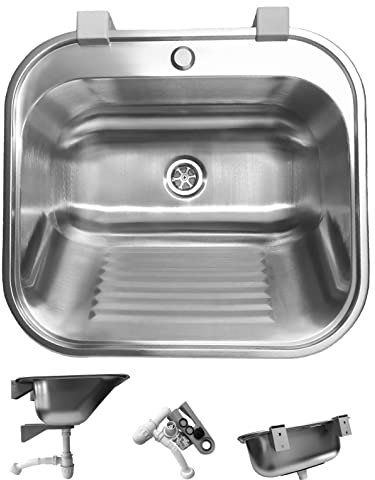 AQUA HEATING Waschbecken ohne Armatur aus Edelstahl Garage Küche Garten, Spülbecken mit Fach, Werkstatt Industrie Keller, Outdoor Indoor Waschbecken Spüle K9146TB Satinmatt 55x50x21 cm