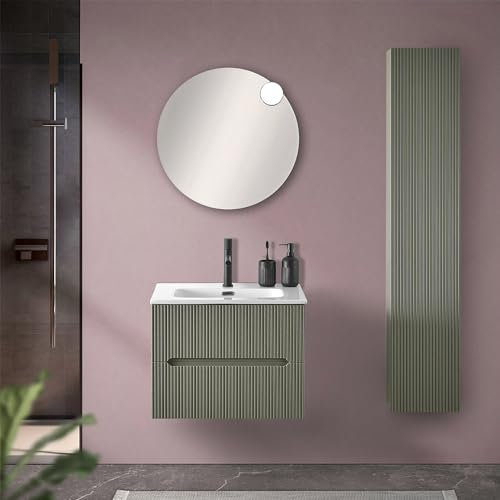 Inbagno Mobile Bagno sospeso cannettato 60 cm Verde Opaco con 2 cassetti Soft-Close, lavabo in Ceramica e Specchio Tondo a Filo 60 cm, Bali