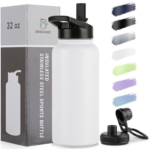 DOMICARE 32 oz Insulated Water Bottle, Vacuum Insulated Stainless Steel Sports Water Bottle with Straw Lid & Spout Lid, Leakproof, Reusable - Travel, Camping, Bike, White