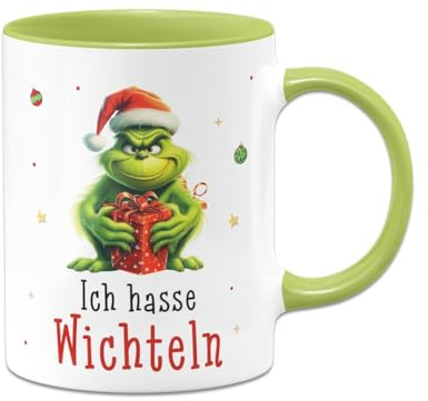 Tassenbrennereich Wichtelgeschenk Tasse Grinch - Ich hasse Wichteln - Anti-Weihnachtstasse lustig mit Grinchmotiv - Kaffeetasse mit Spruch - Schrottwichteln (Grün)