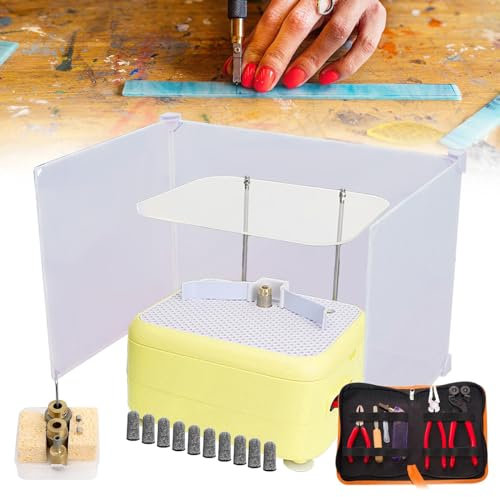 Juego de amoladora de vidrieras, amoladora angular de vidrio profesional (pulido/perforación y agua automática y superficie de trabajo grande), kit de alicates de vidrio de 4 piezas, protector yellow