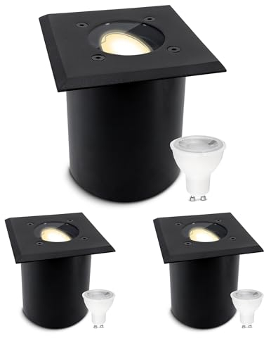 SSC-LUXon 3 Stück JUAVI Bodeneinbauleuchte aussen IP67 LED - Bodenstrahler schwarz eckig befahrbar - mit GU10 LED dimmbar 7W warmweiß