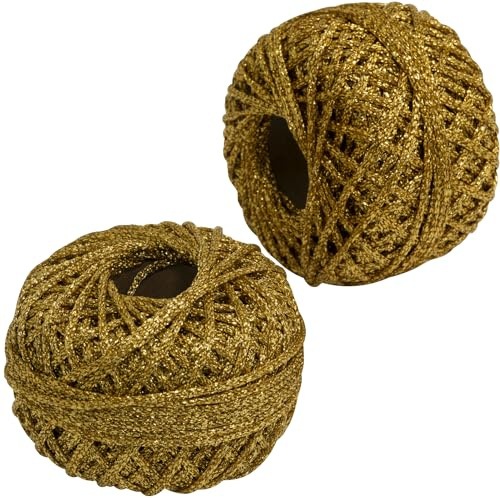 AERZETIX - C73415 - Juego de 2 Pelotas de cordón Trenzado 50m x 2mm Hilo Brillante - Color Dorado - Rollo Hilo Cuerda Metalizado decoración proyectos creativos Arte Embalaje retorcido