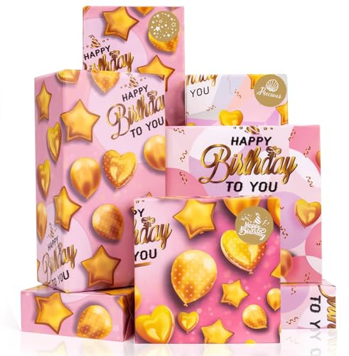 Larcenciel Geschenkpapier für Mädchen, Roségold und Aufkleber, 4 Bögen, 70 x 50 cm, Happy Birthday