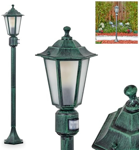 Lampada da esterni Loria, lampada da sentiero con sensore di movimento in metallo/vetro smerigliato in nero/verde/bianco, dischi intercambiabili trasparenti, lampada da esterno in look antico, altezza
