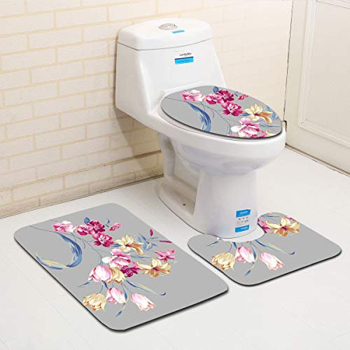 Bad Teppiche Set 3-Teiliges Graue Rosa Blumen WC Vorleger Mit Ausschnitt Badematte Saugfähig WC Deckelbezug Badvorleger rutschfest Waschbar Toilettensitzbezug Badgarnitur (50x80cm)