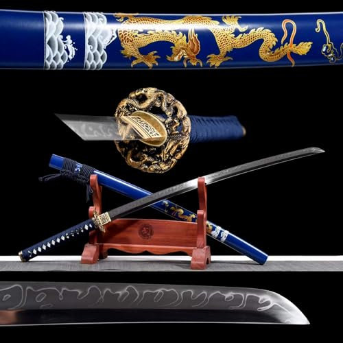 Handgefertigtes Samurai-Schwert mit Reinem Kupfer Tsuba,T10-Stahl Klinge mit handgebrannten Speziallinien,Naturholz Saya mit bemaltem ChinesischenDrachen Muster,103cm Katana für Dekor,Sammeln,Cosplay