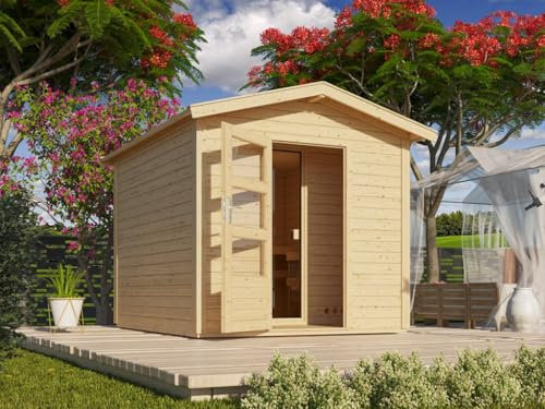 Karibu Gartensauna Saunahaus Outdoor Sparset mit Vorraum 38mm, außensauna inkl. Finnischer Saunaofen 9 KW mit Steuergerät, Outdoor Sauna 231x273x235cm, Gartensauna für 3 Personen