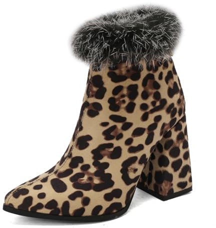 BAISOILIHA Women‘s Moda Comodo Walking Polacchine Pelle di camoscio Zip Chunky Heels Stivali Corti Appuntito Tacco Alto Festa Lavoro Scarpe per donne Le signore Ragazze Leopard Numero 33