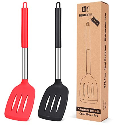 Silicone shovelPack of 2 Silicone Slotted Spatula,Non Stick Kitchen Turner,High Heat Resistant BPA Free Cooking Utensils for Frying Fish,Eggs, Meat,French Fries (Black-Red)(Blackred)