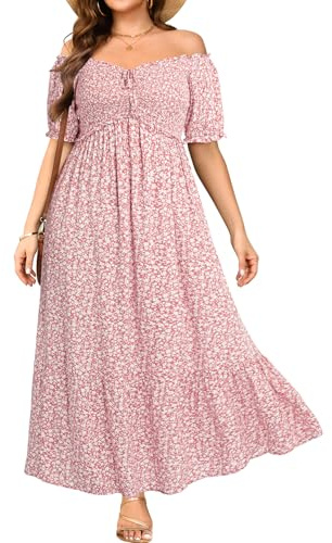 Plus Size Floral Dress Summer Spring Off The Shoulder Puff Sleeve A Line Boho Maxi Flow Long Sundress Women Pink Flower