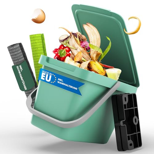 Fabigreen Biomülleimer Küche 6L inkl. 2 Schwammtücher (3er Set) - Made in EU - Komposteimer Küche für Biomüll Behälter - geruchsdichter Bio Mülleimer klein mit Deckel Bio Eimer (Grün (6L))