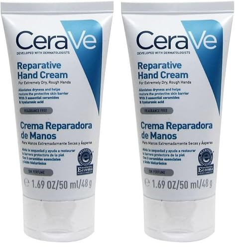 CeraVe Crema Reparadora de Manos, Para Manos Secas y Ásperas, Alivia la Sequedad y Restaura la Barrera Protectora de la Piel, Con 3 Ceramidas Esenciales y Ácido Hialurónico, 50ml (Paquete de 2)