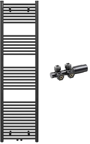 Aquabad Badheizkörper Virgo inkl. Multiblock Eckausführung | Grösse: 50 x 180 cm | Heizleistung 608 Watt | Farbe: Schwarzmatt | Mittelanschluss 50mm | Handtuchhalter, Handtuchwärmer