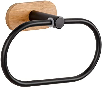 Bamboo Towel Ring Holder with Technology Black Stainless Steel and Bamboo Wall Mount No Drill Towel Holder 19.5 x 12.5 x 8 cm
