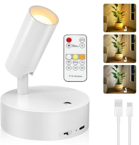 Kimjo LED Aplique Pared Interior sin Cable Recargable, 1 Pieza Blanco Focos de Pared de Interior a Pilas, USB Lámpara de Pared Regulable con Mando a Distancia para Planta Obra de Arte Salón Dormitorio