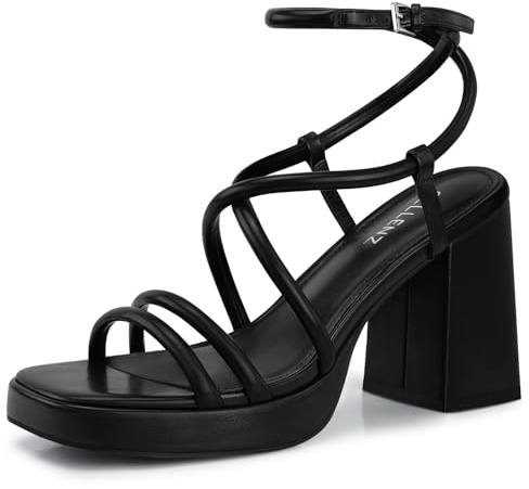 CELLENZ Women Chunky Platform Heels: Black Strappy High Heel Sandals 8 | Comfortable All-day Block Heeled sandals - Square Toe Fashion Sexy Cute Appearance Durable for Commute Party Night Out Prom