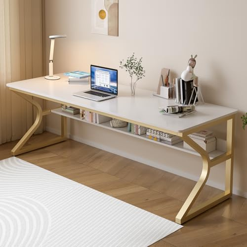 OSCHF Extra Long Desk with Bookshelf - 71 Double Long Writing Table for 2-Person Workstation, Modern Study Work Computer Desk for Home and Office, Gold