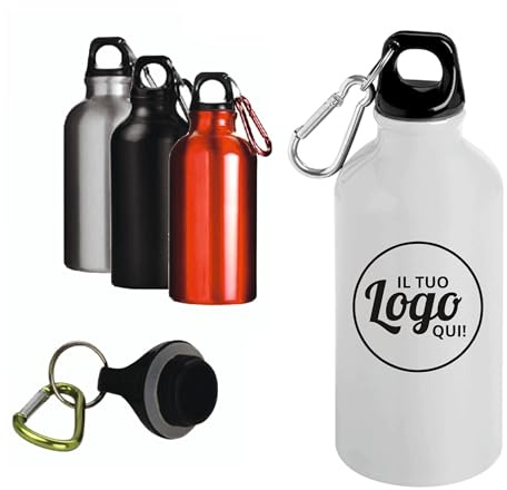 pubblienne Set 10 Borracce Alluminio Personalizzate con Incisione Laser – 500ml con Moschettone, Tappo a Vite e Finitura Lucida (Bianco, 10 pezzi)