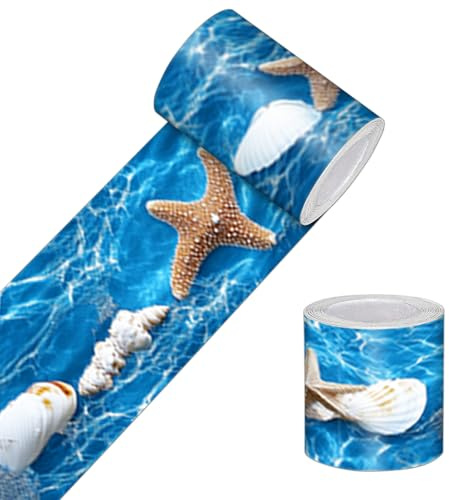 HOMETITUTE Tapetenbordüre zum Abziehen und Aufkleben, Seesternmuster, 10,2 x 497,8 cm | Seestern Muschel Wandverkleidung Küstenoptik Deckenkante Türrahmen Spiegelbordüre für glatte Innenflächen