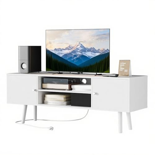Cozy Castle TV Schrank mit 3 Akku-Steckdose, TV Cabinet für Fernseher bis zu 55 Zoll, mit 2 Schranktüren, Wohnzimmer TV Lowboard Weiß, Schlafzimmer Fernsehtisch，135x50x40cm