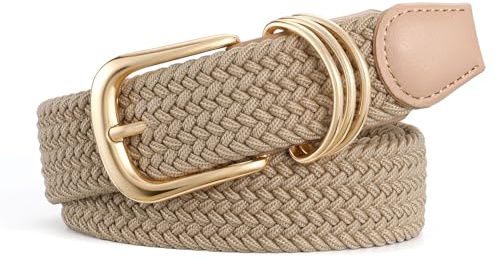 JasGood bälte dam flätat elastiskt bälte, justerbart stretchbälte, 3,3 cm bredd för jeans och byxor, unisex stretchigt tygbälte, Beige med guld 3 ringar, L:120cm (Taillengröße 102cm-111cm)