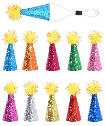FUGLUS 10 Stück Mini Partyhüte für Stofftiere, Bunt Geburtstagshut für Hunde und Katzen Kleine Kegelhüte mit Glitzer Pompons für Spielzeug-Dinosaurier Basteln Kinder Partydekorationen Kostümzubehör