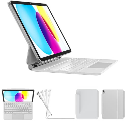 RAYMCRAFT für iPad 11th (A16, 2025)/10th Generation Tastaturhülle, Magic Tastatur, 11-Farben-Hintergrundbeleuchtung, Schwebender Auslegerständer, Multi-Touch Trackpad mit Stifthalter, Weiß
